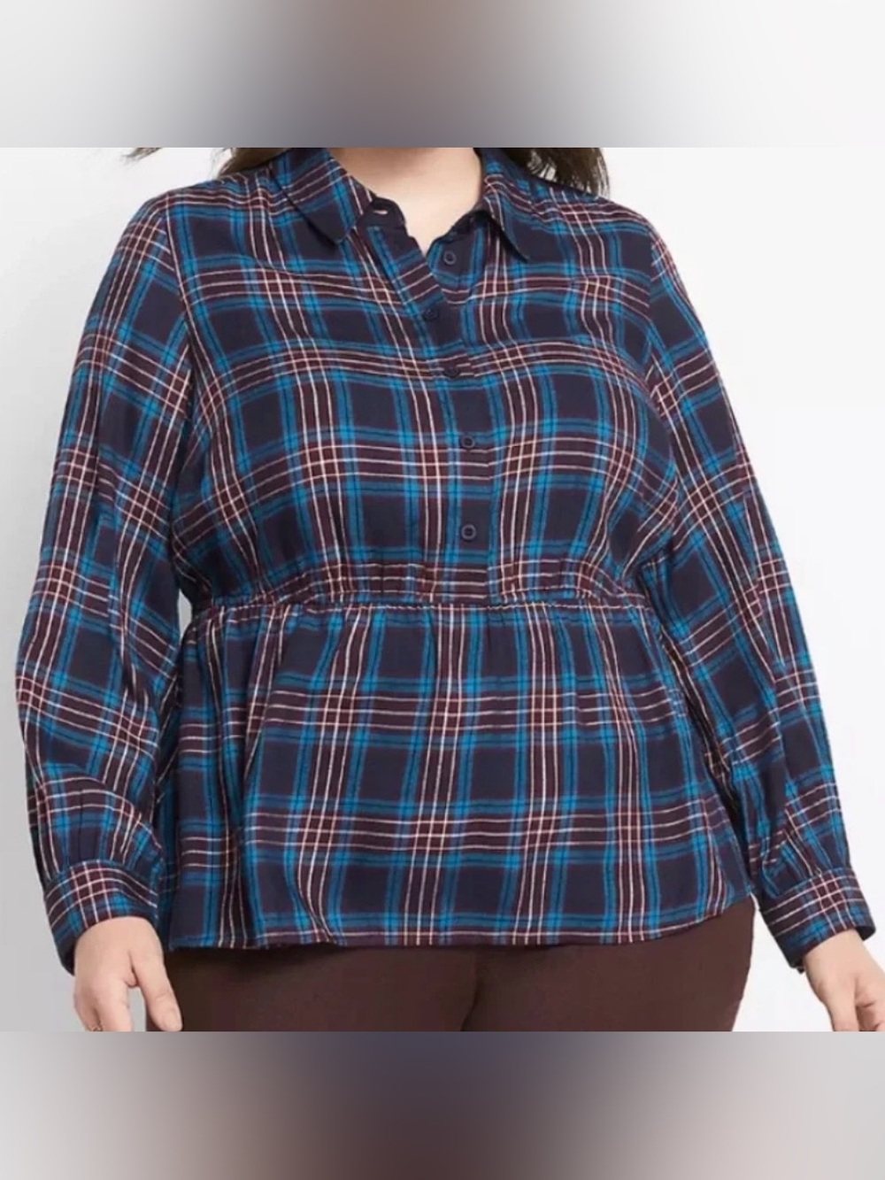 Lane Bryant Navy and Teal Plaid Peplum Button-Up Top